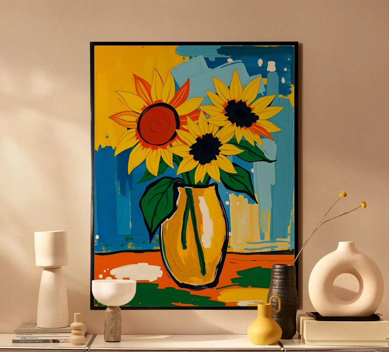 Sonnenblumen In Vase Stillleben Gemälde Poster von ARTOMATIC