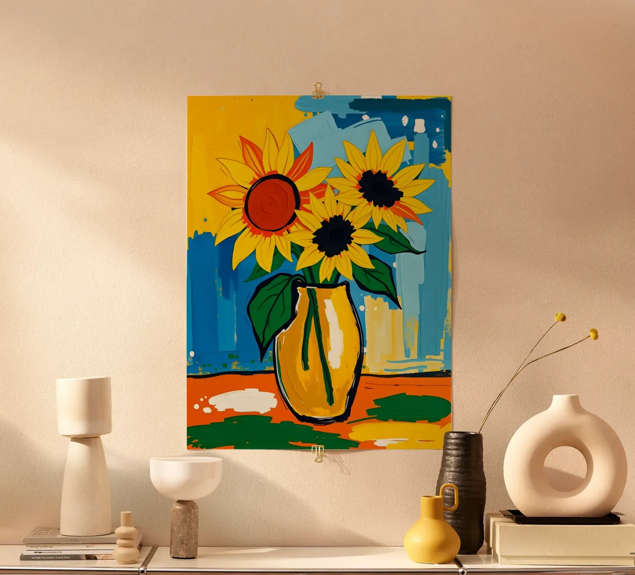 Sonnenblumen In Vase Stillleben Gemälde Poster von ARTOMATIC