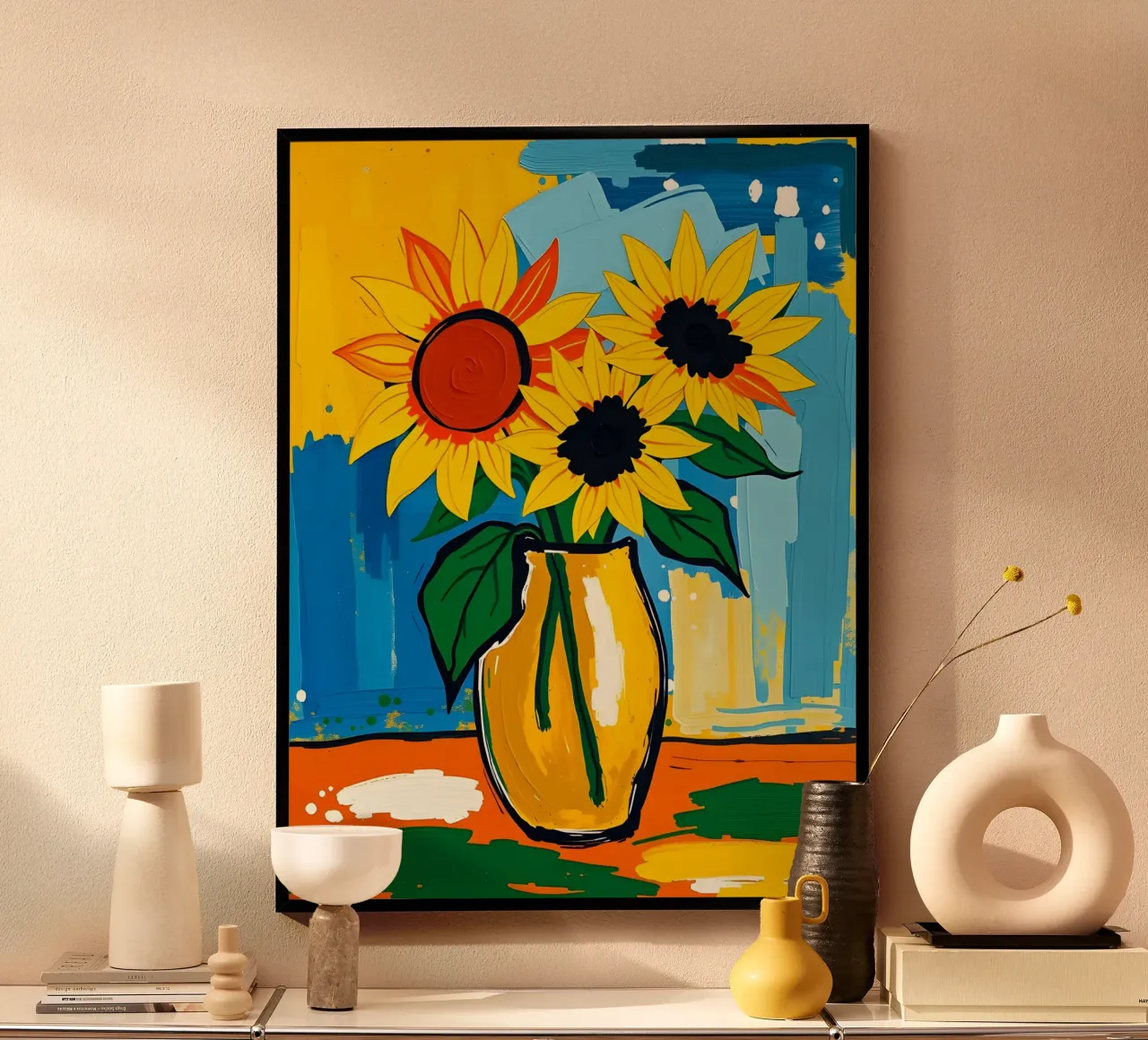 Sonnenblumen In Vase Stillleben Gemälde Poster von ARTOMATIC