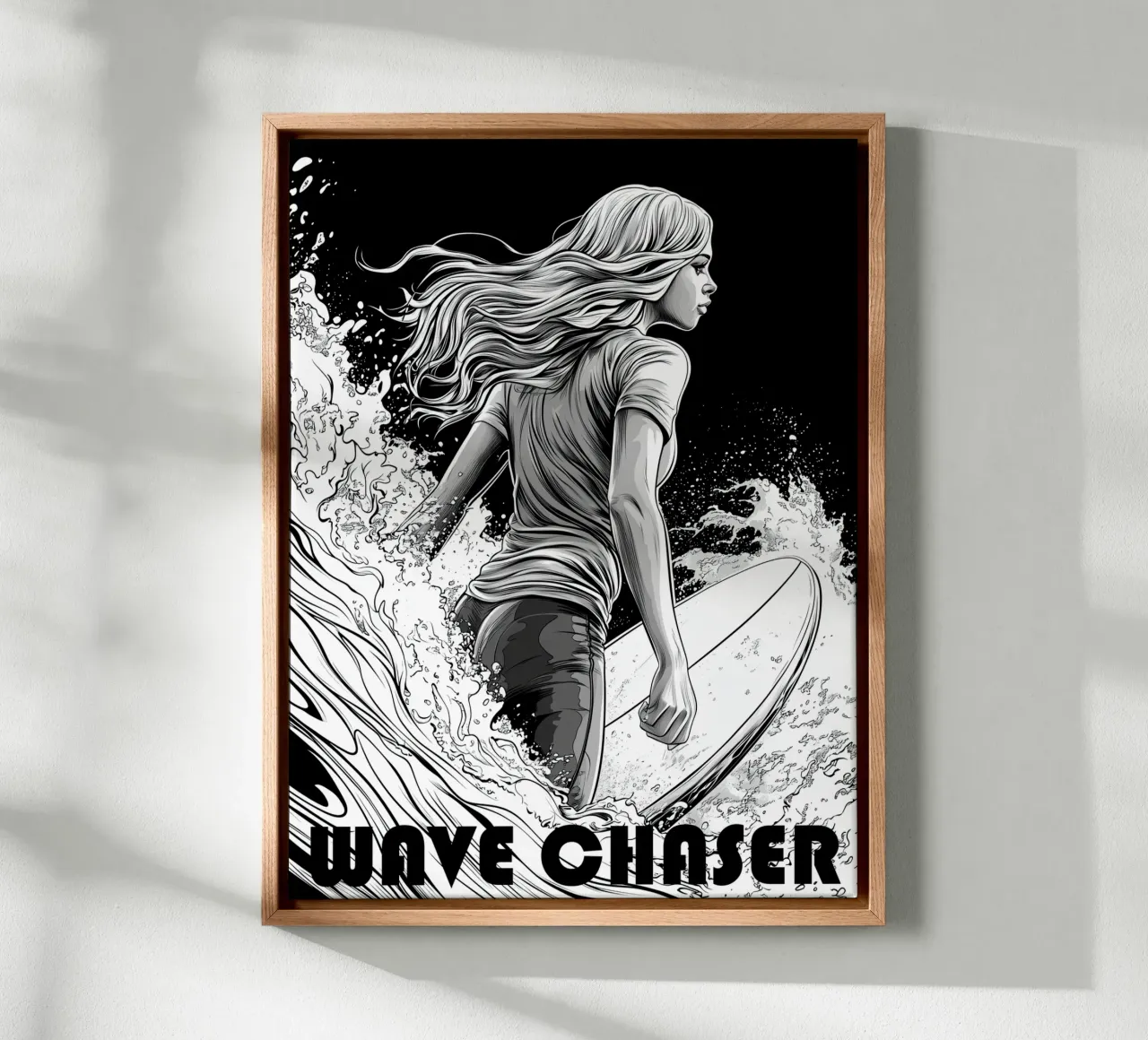 Wave Chaser | Surf Girl Line Art canvas met Baklijst van Autofocus