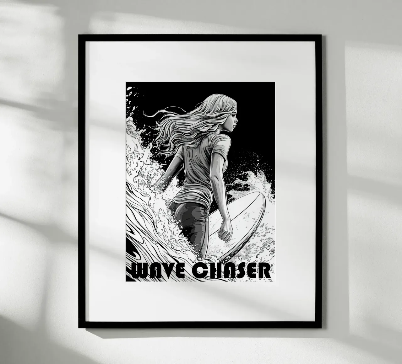 Wave Chaser | Surf Girl Line Art poster con telaio in plastica da Autofocus