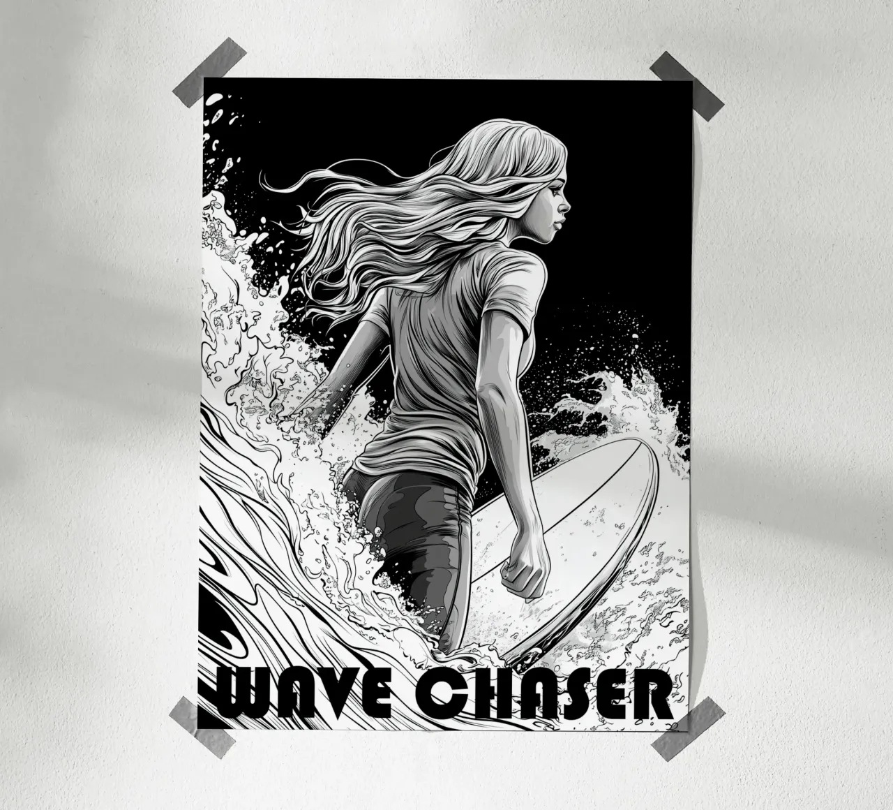 Wave Chaser | Surf Girl Line Art poster con telaio in plastica da Autofocus
