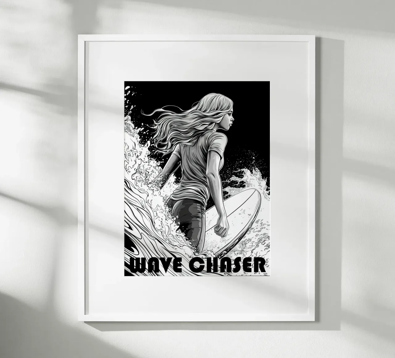 Wave Chaser | Surf Girl Line Art poster con telaio in plastica da Autofocus