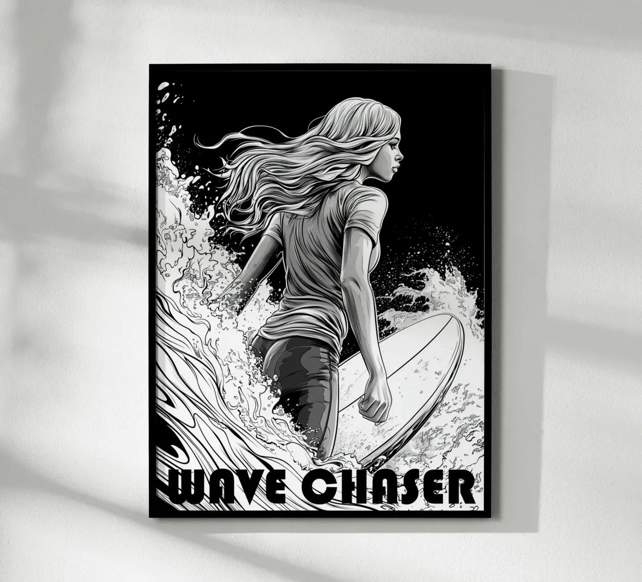 Wave Chaser | Surf Girl Line Art poster con telaio in plastica da Autofocus