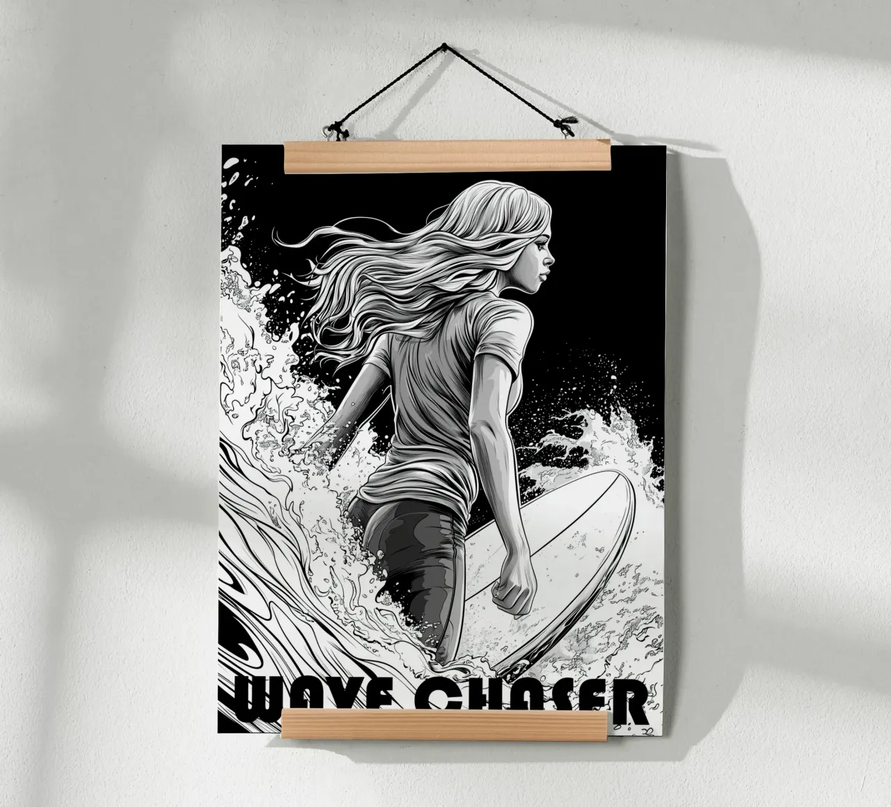 Wave Chaser | Surf Girl Line Art poster con telaio in plastica da Autofocus