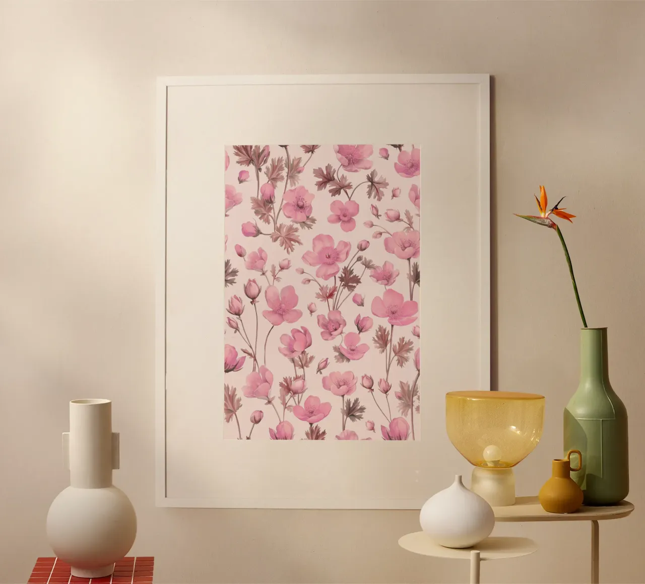 Ranuncolo Ranunculus Buttercup Ditsy Flowers Rosa poster con telaio in legno da Andrea Haase Floral Passion
