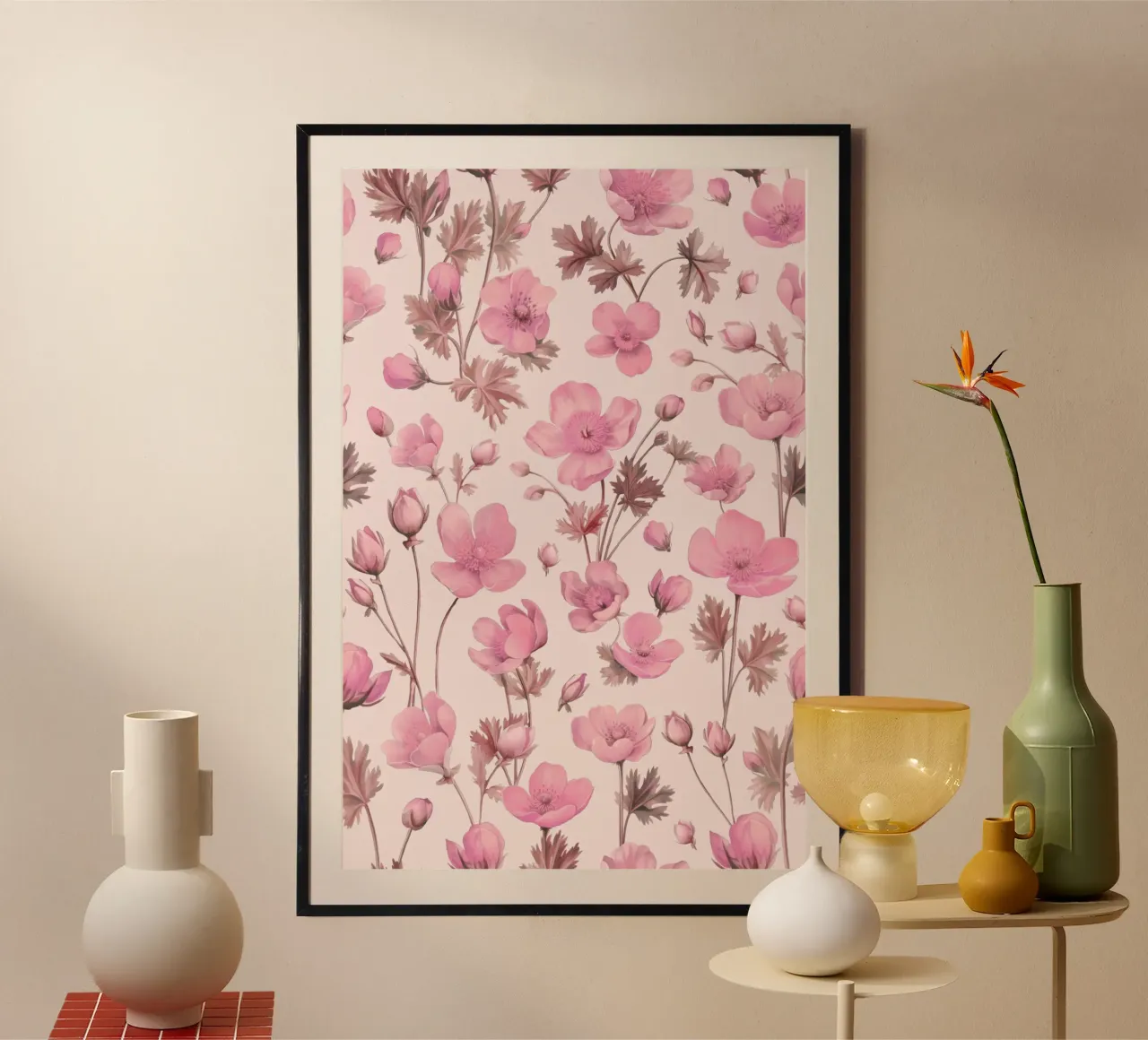Ranuncolo Ranunculus Buttercup Ditsy Flowers Rosa poster con telaio in legno da Andrea Haase Floral Passion