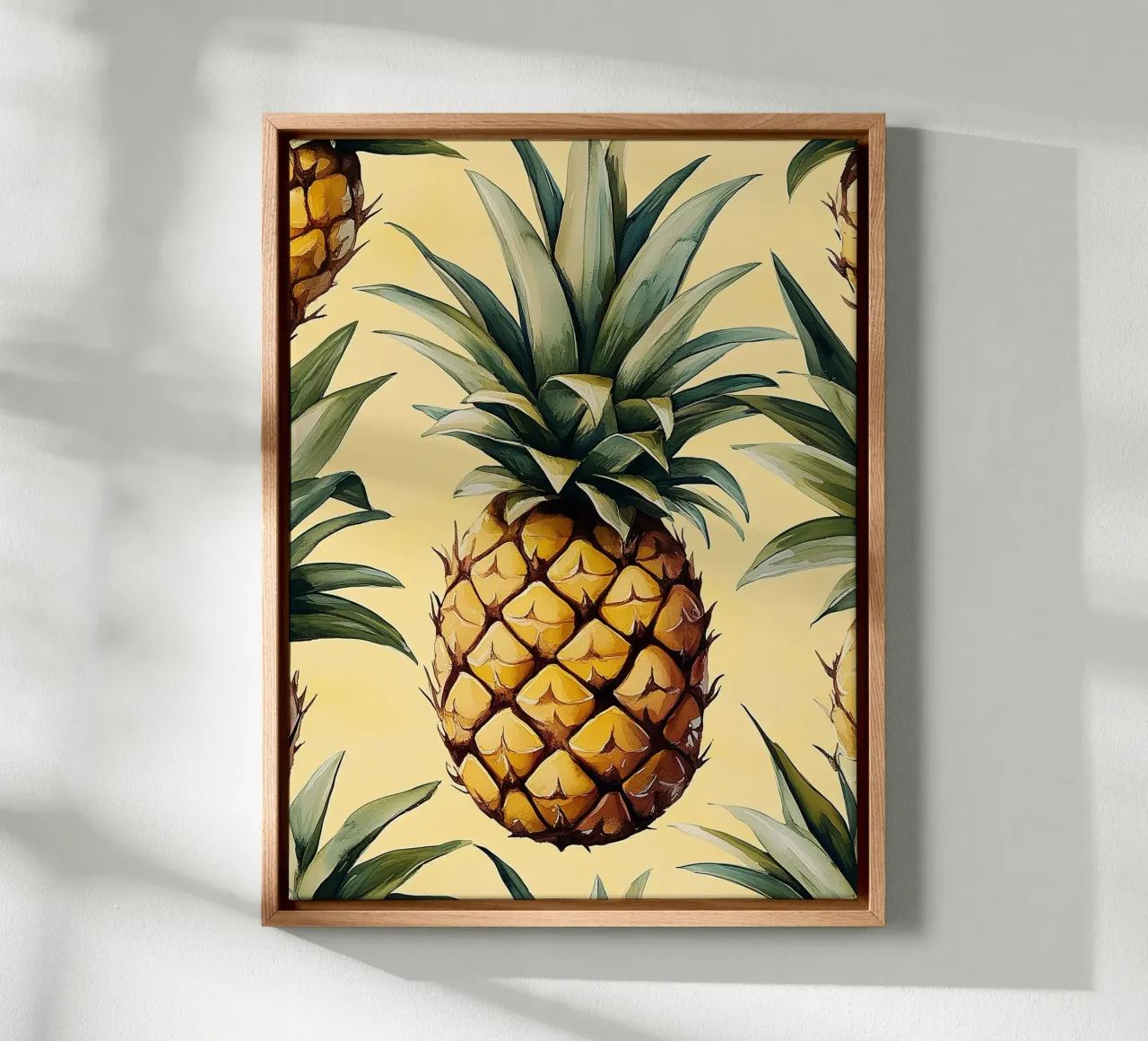Pineapple on yellow background canvas with Floater frame by Spice & Style