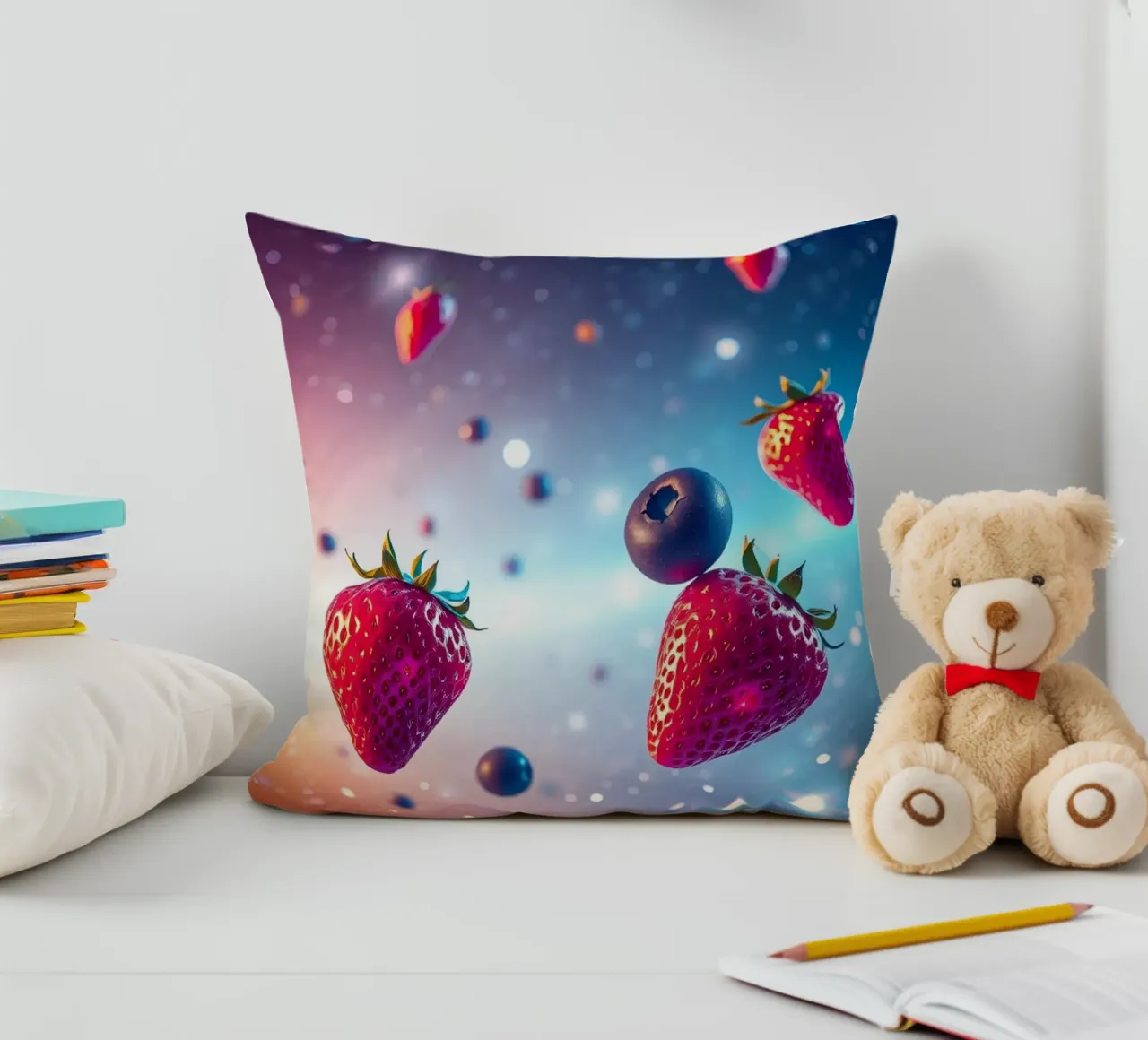 Fragole e mirtilli galleggianti colorati cuscino da DesignDoodle