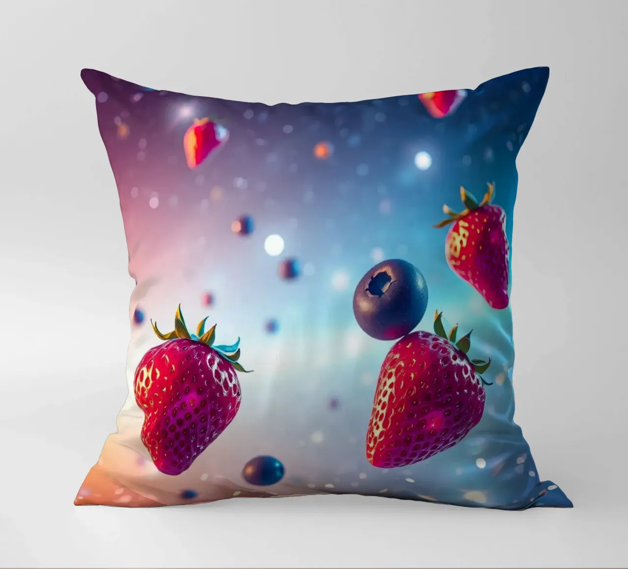 Fragole e mirtilli galleggianti colorati cuscino da DesignDoodle