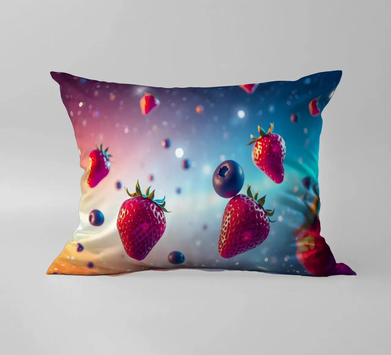 Fragole e mirtilli galleggianti colorati cuscino da DesignDoodle