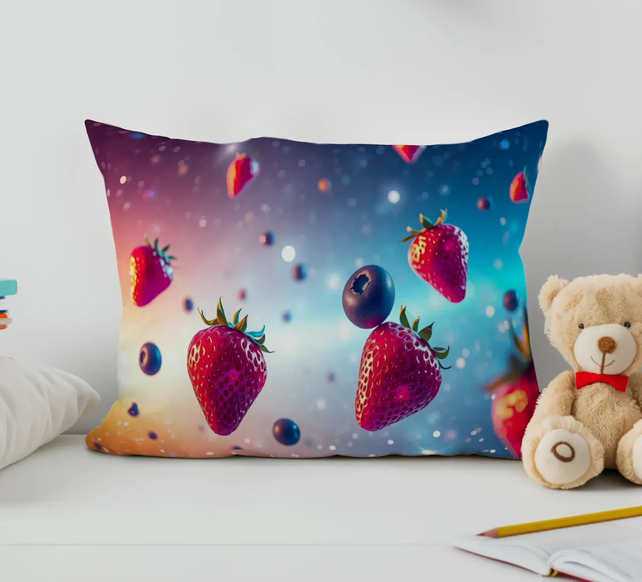 Fragole e mirtilli galleggianti colorati cuscino da DesignDoodle