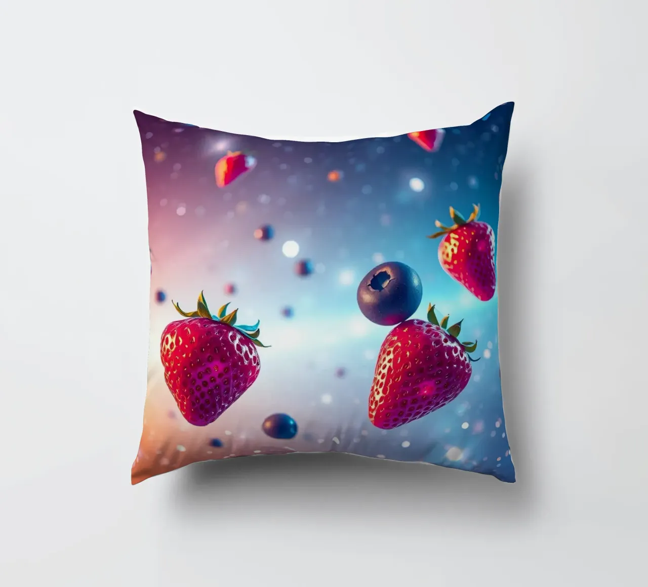 Fragole e mirtilli galleggianti colorati cuscino da DesignDoodle