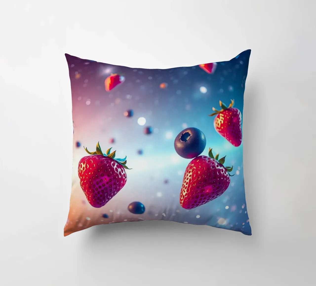 Fragole e mirtilli galleggianti colorati cuscino da DesignDoodle