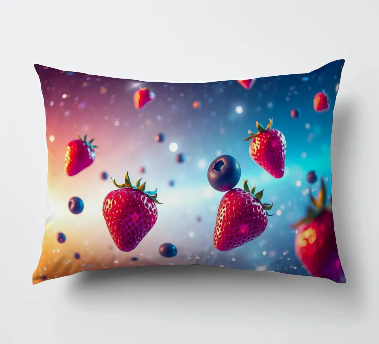 Fragole e mirtilli galleggianti colorati cuscino da DesignDoodle