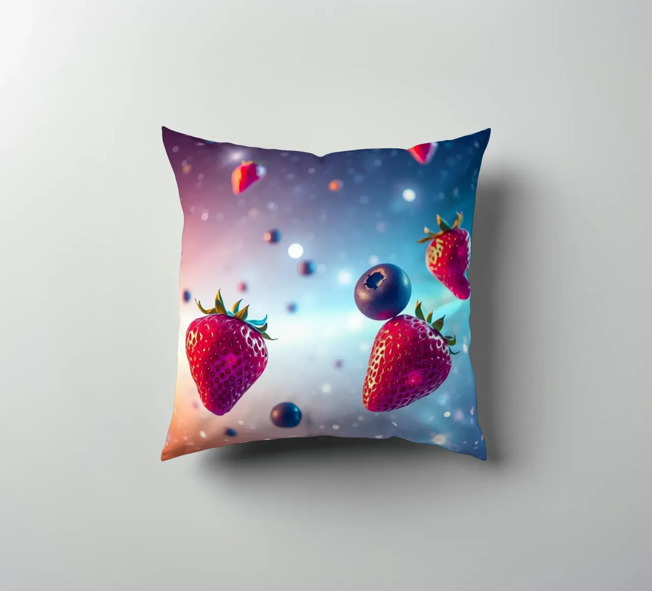 Fragole e mirtilli galleggianti colorati cuscino da DesignDoodle
