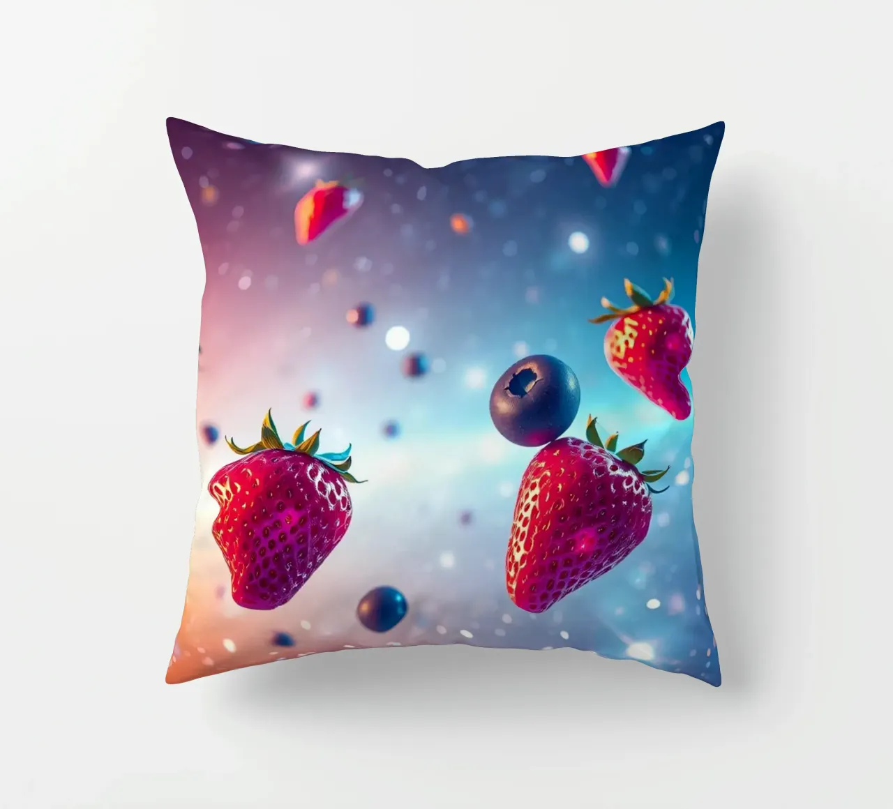Fragole e mirtilli galleggianti colorati cuscino da DesignDoodle