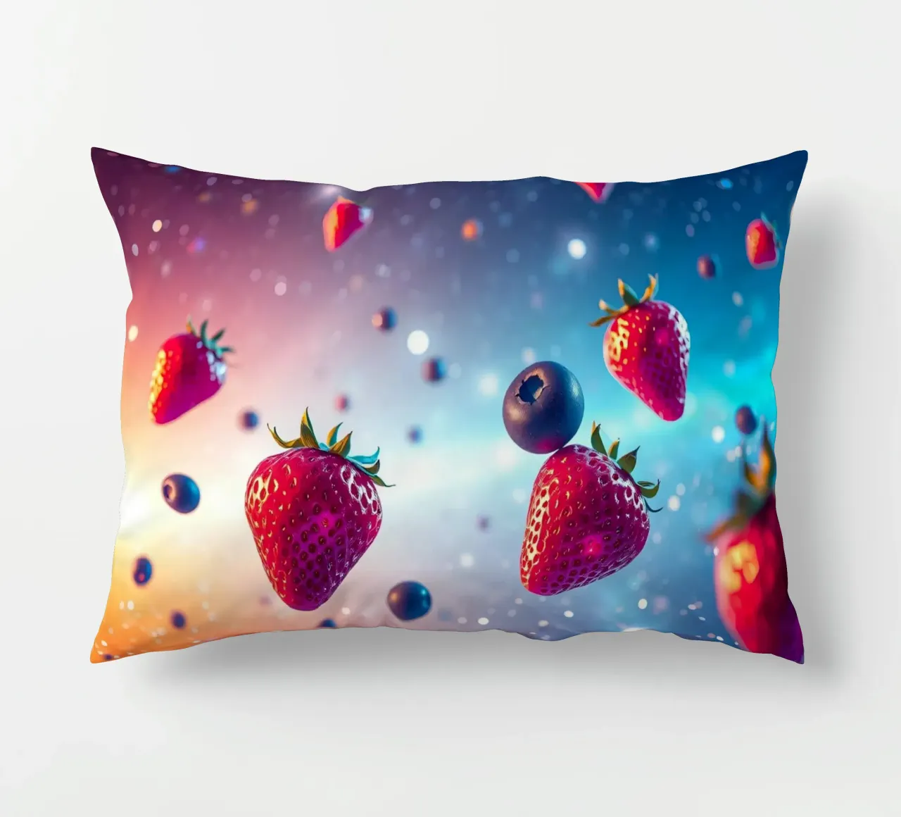 Fragole e mirtilli galleggianti colorati cuscino da DesignDoodle