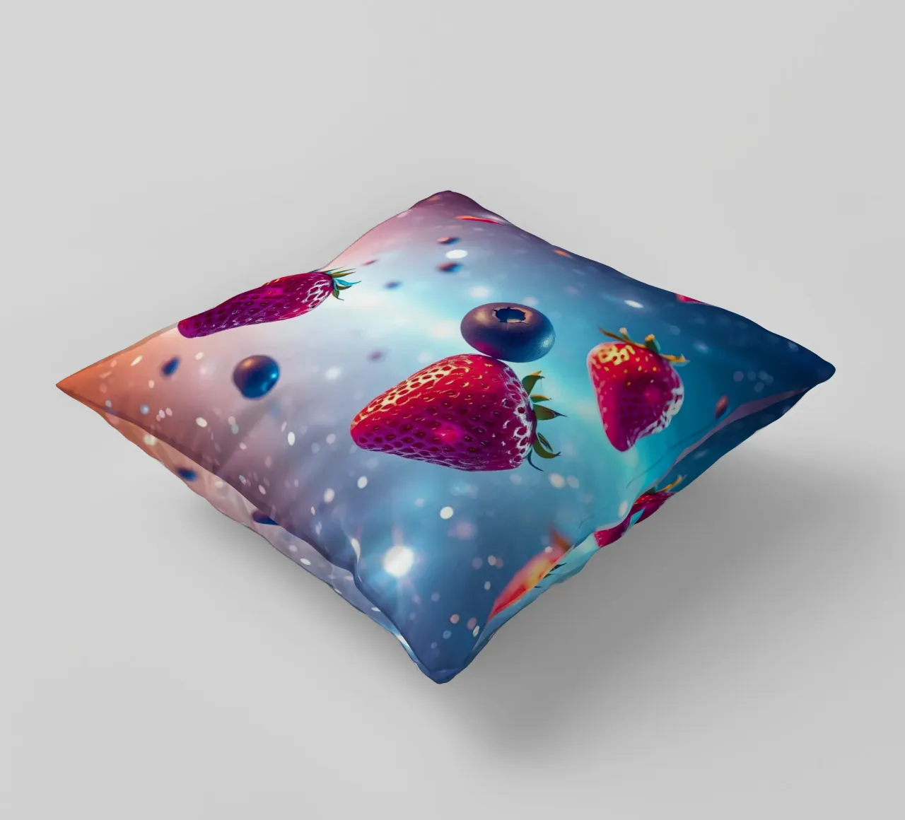 Fragole e mirtilli galleggianti colorati cuscino da DesignDoodle