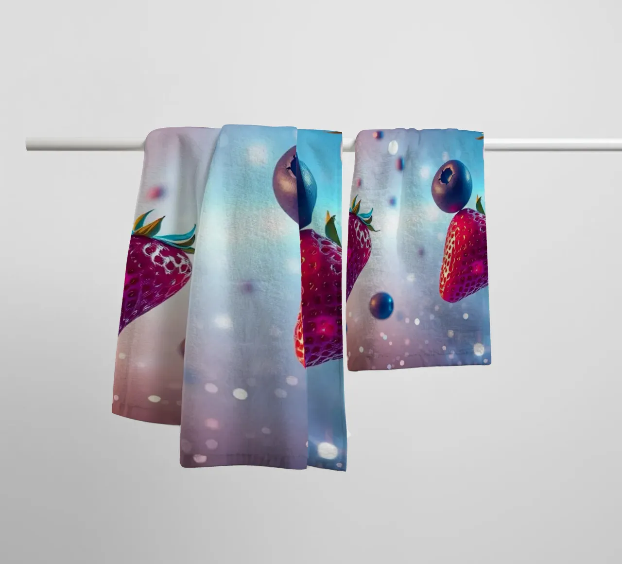 Colorful floating strawberries and blueberries towel by DesignDoodle