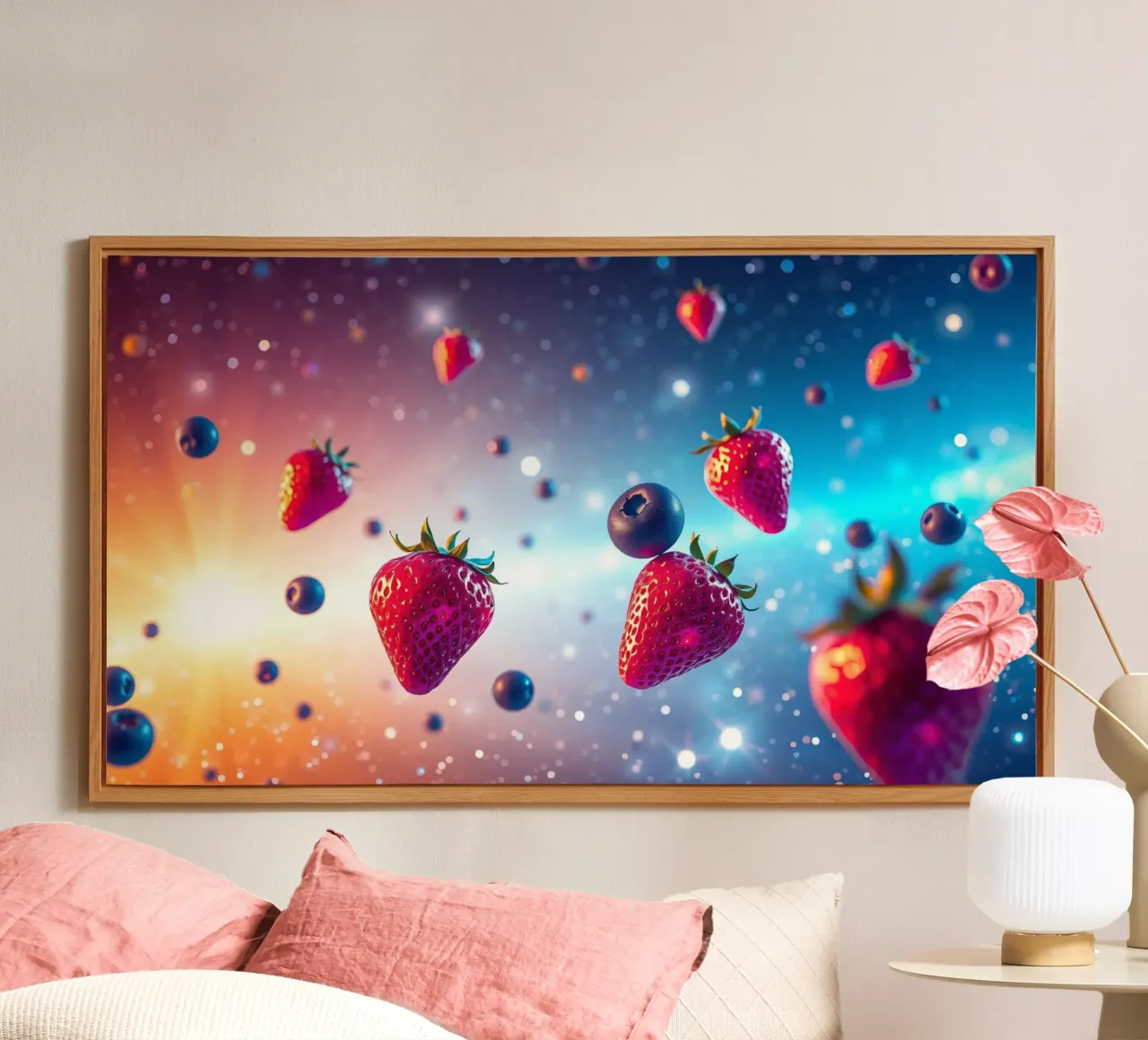 Fragole e mirtilli galleggianti colorati alluminio dibond da DesignDoodle