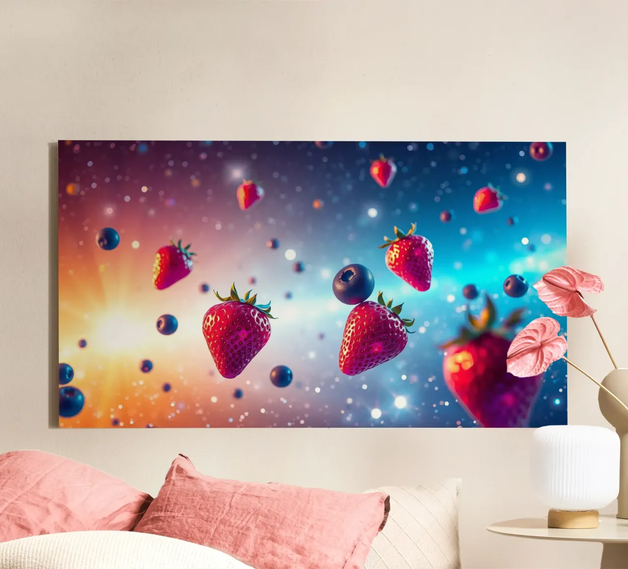Kleurrijke drijvende aardbeien en bosbessen canvas met Baklijst van DesignDoodle