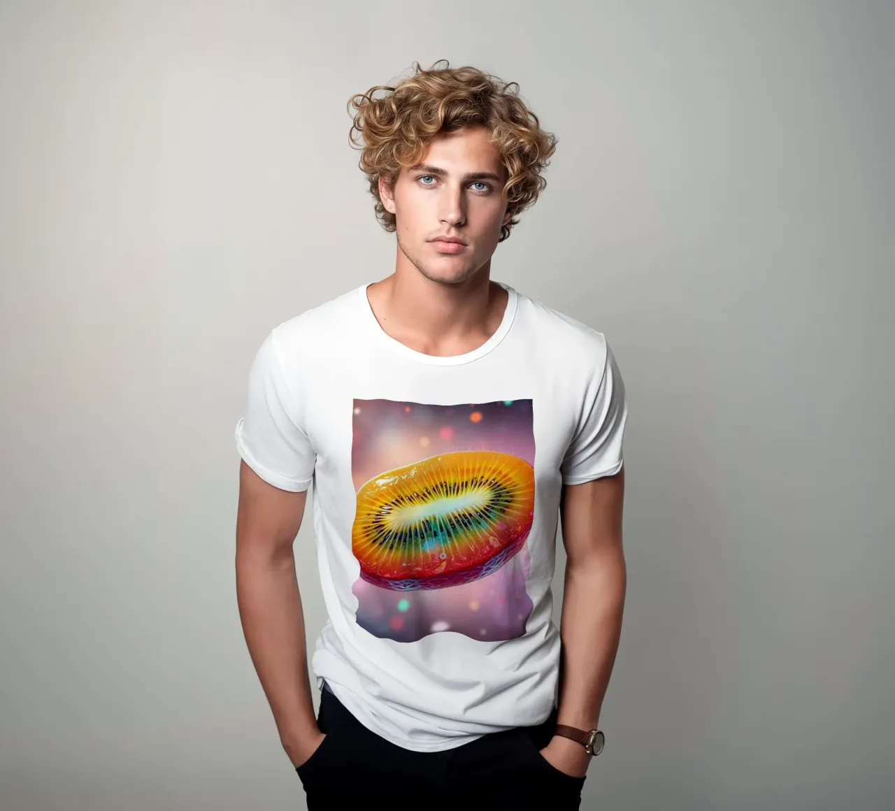 Vibrant abstract art featuring a colorful fruit space t-shirt by DesignDoodle