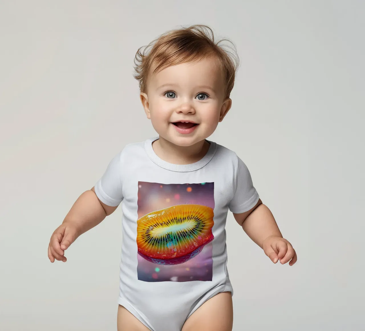 Vibrant abstract art featuring a colorful fruit space short-sleeve baby romper by DesignDoodle