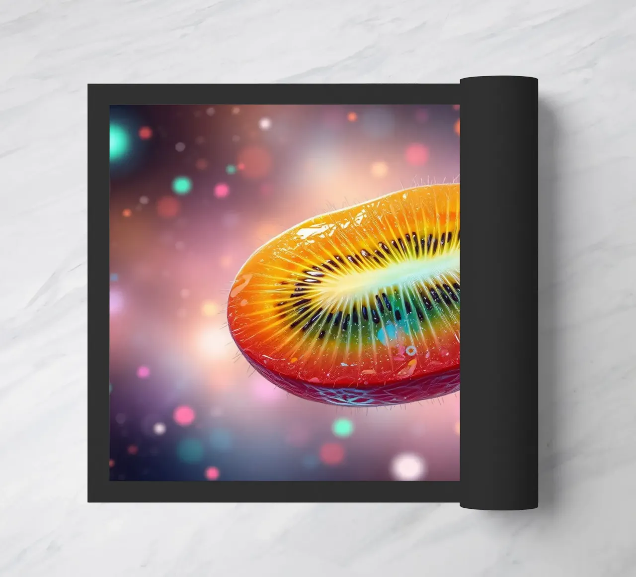 Vibrant abstract art featuring a colorful fruit space doormat by DesignDoodle