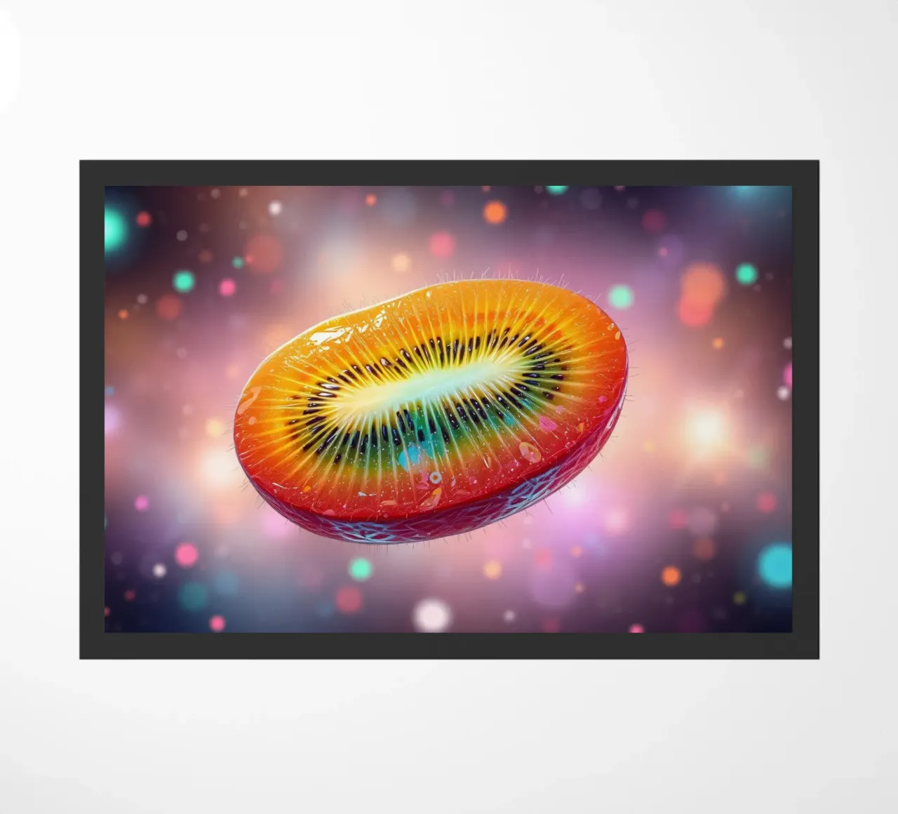 Vibrant abstract art featuring a colorful fruit space doormat by DesignDoodle