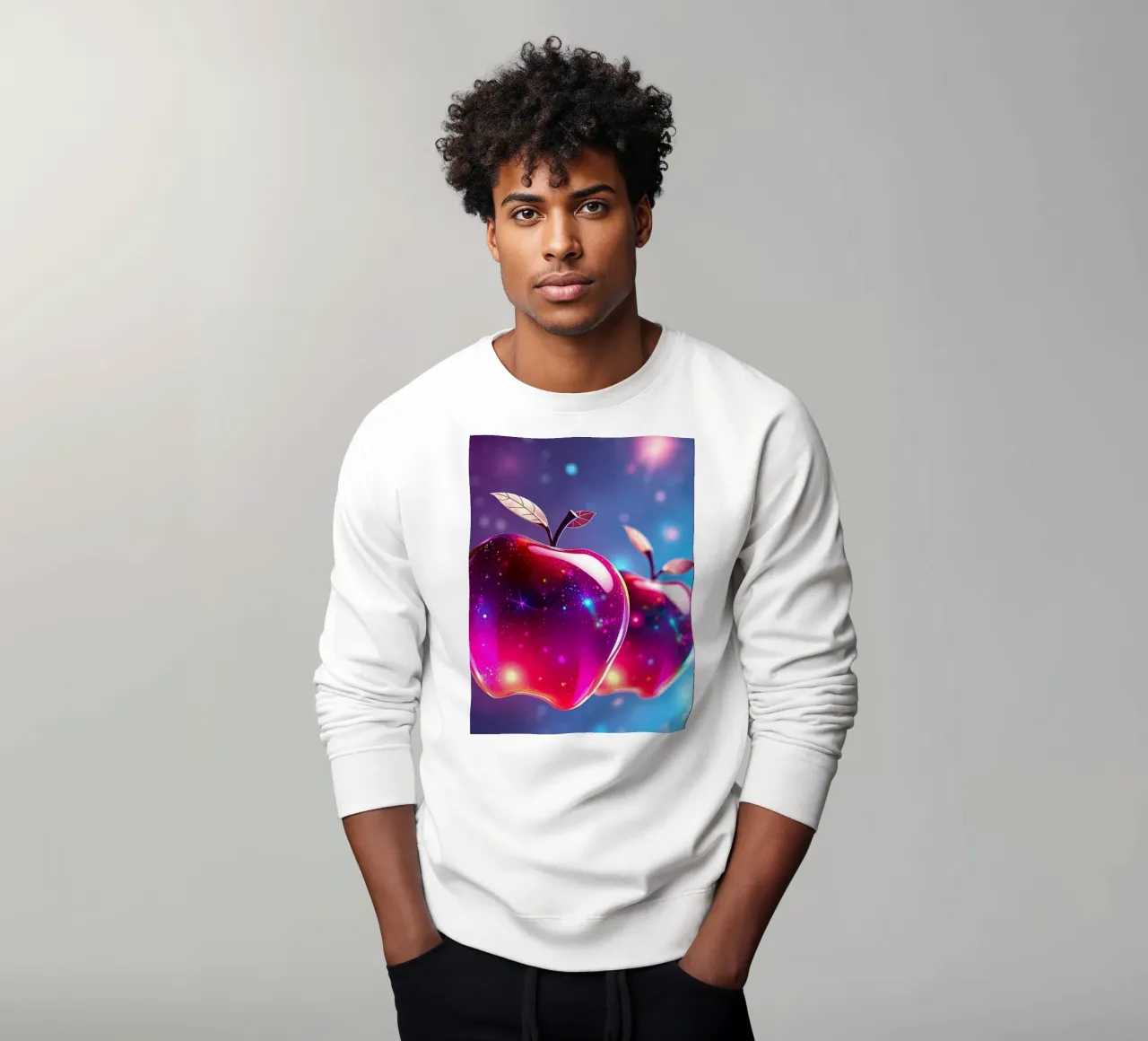 glossy apples with cosmic background and sparkling elements sweatshirt by DesignDoodle