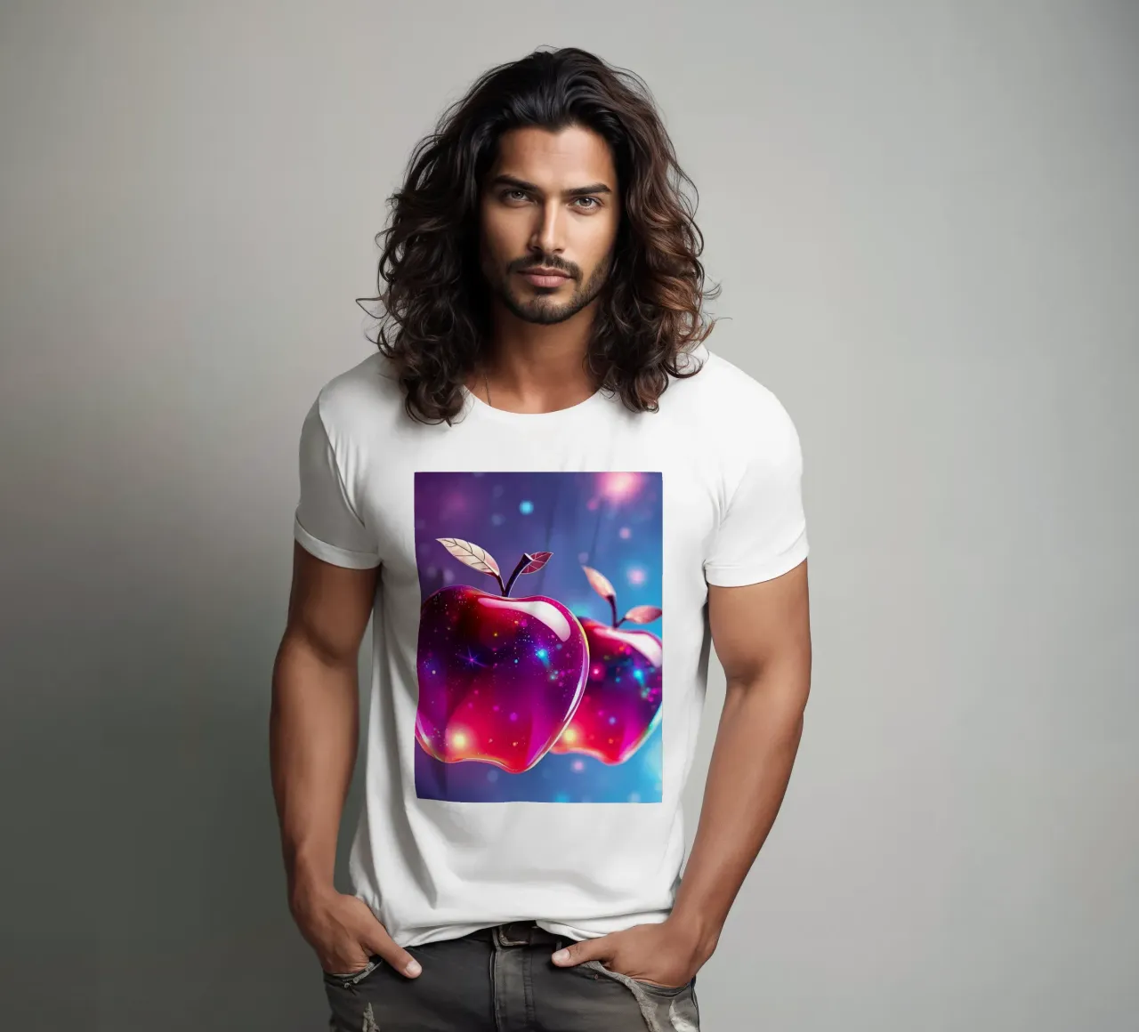 glossy apples with cosmic background and sparkling elements t-shirt by DesignDoodle