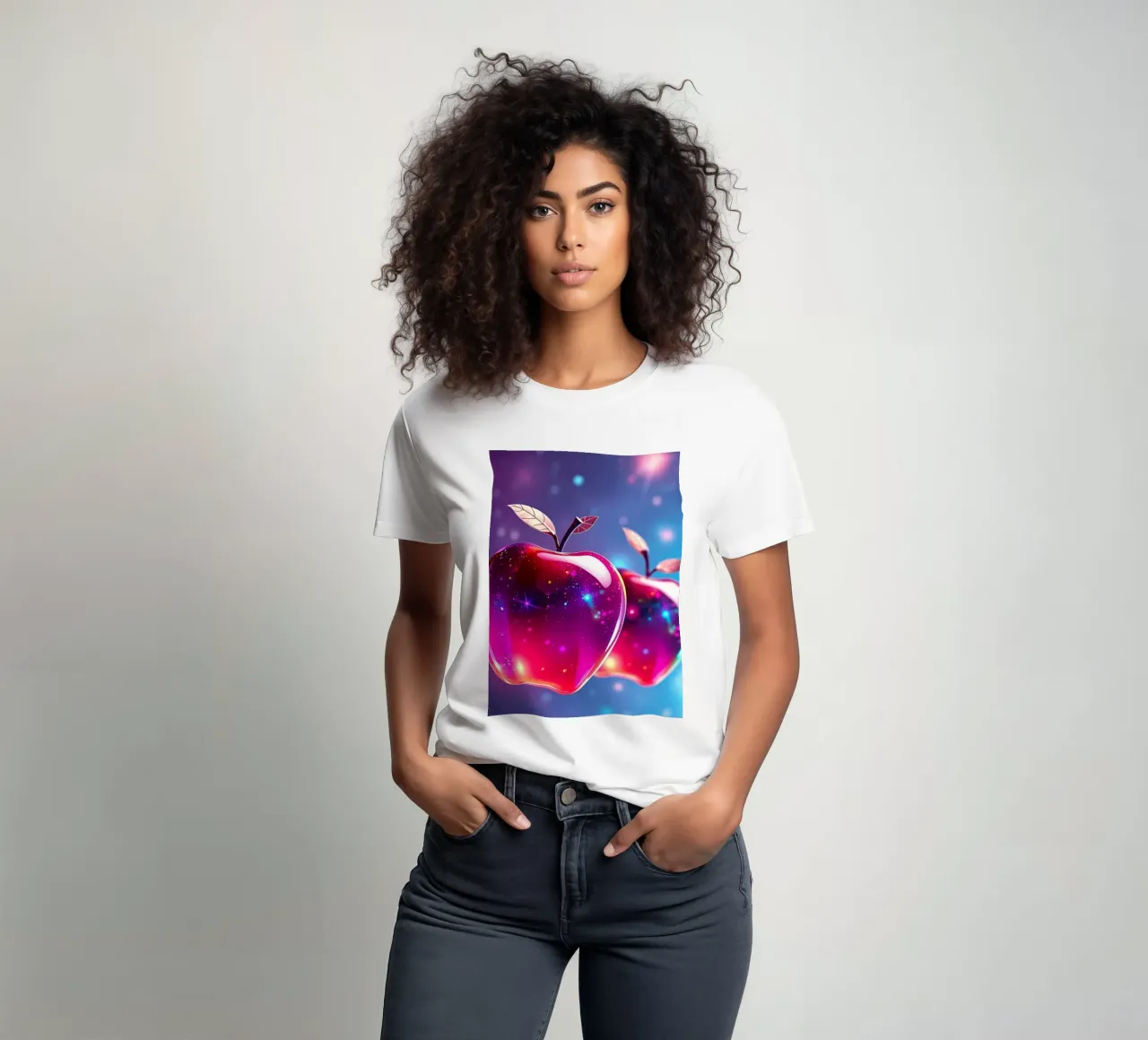 glossy apples with cosmic background and sparkling elements t-shirt by DesignDoodle