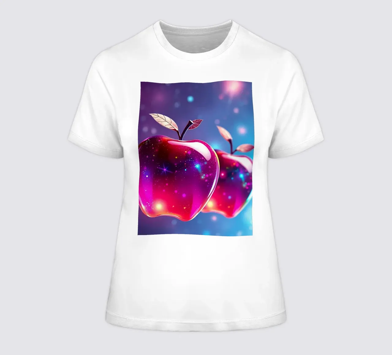 glossy apples with cosmic background and sparkling elements women's fitted t-shirt by DesignDoodle