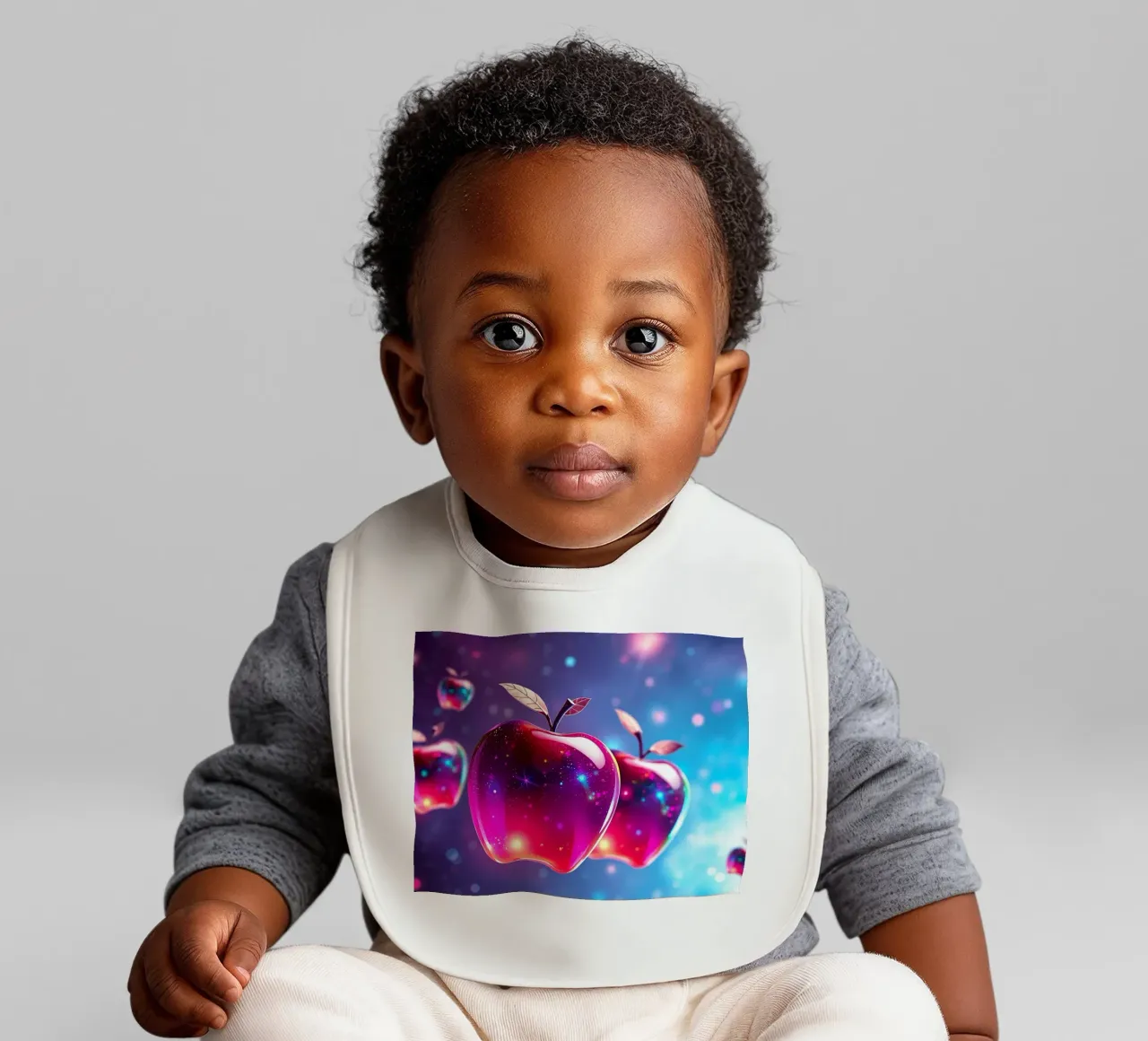 glossy apples with cosmic background and sparkling elements baby bib by DesignDoodle