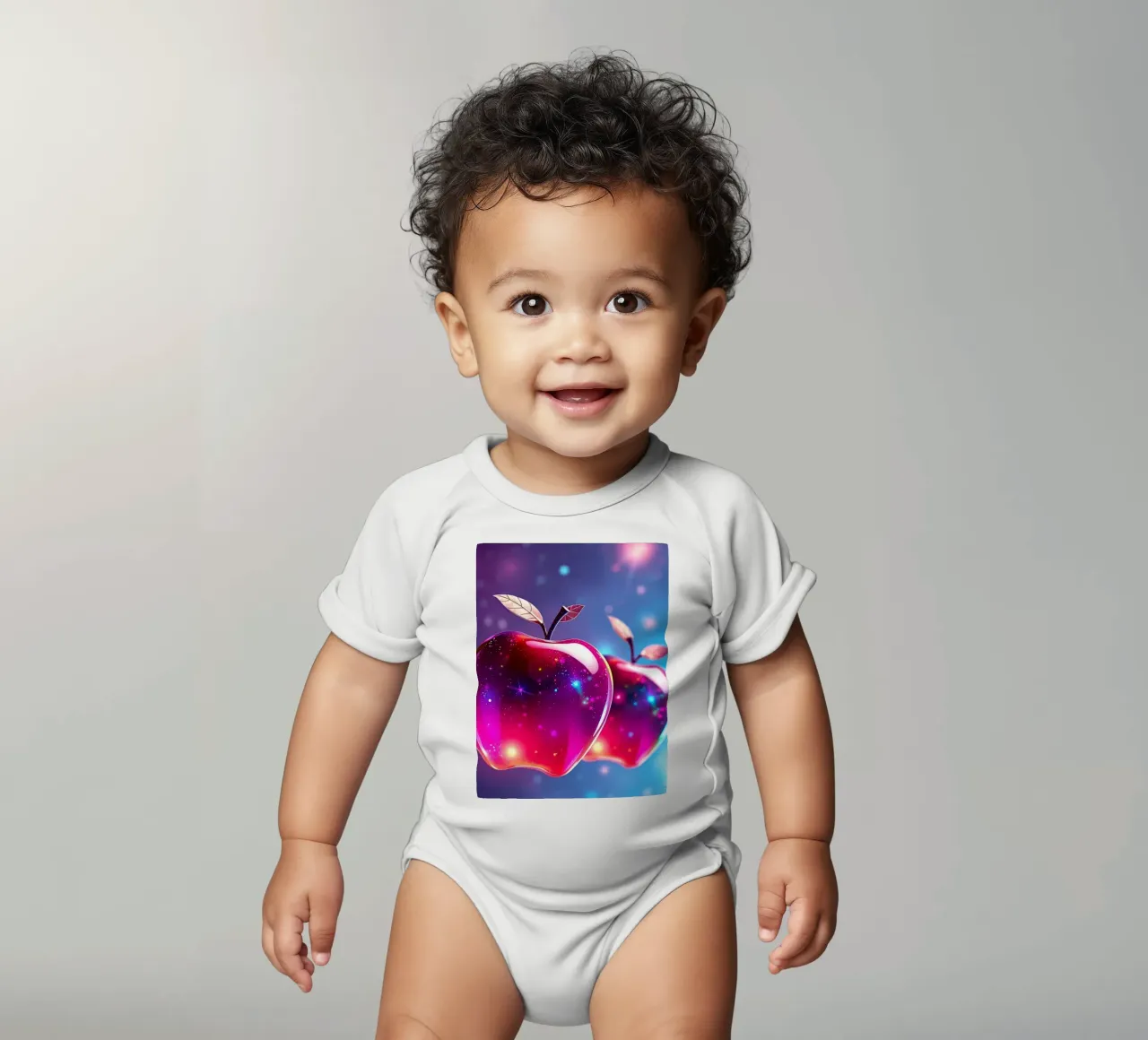 glossy apples with cosmic background and sparkling elements short-sleeve baby romper by DesignDoodle