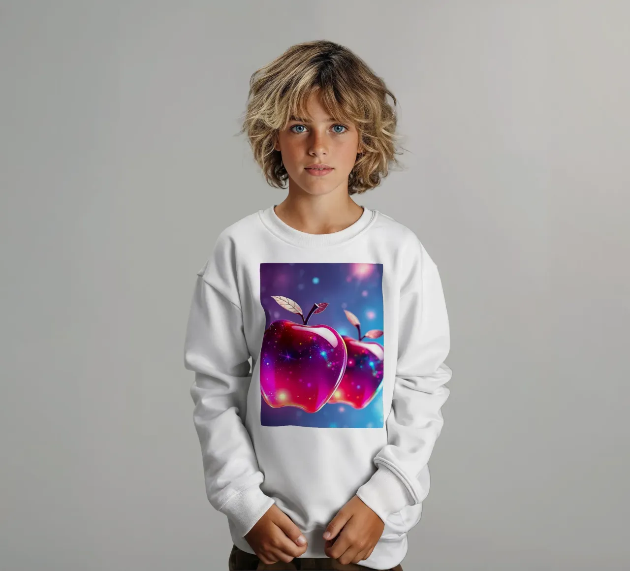 glossy apples with cosmic background and sparkling elements kids sweatshirt by DesignDoodle