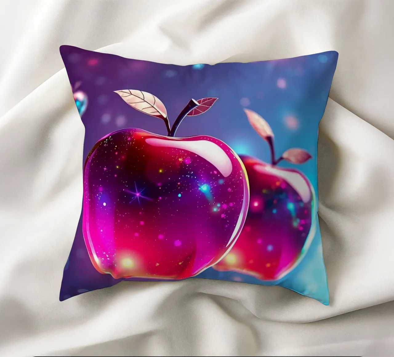 glossy apples with cosmic background and sparkling elements decorative cushion by DesignDoodle