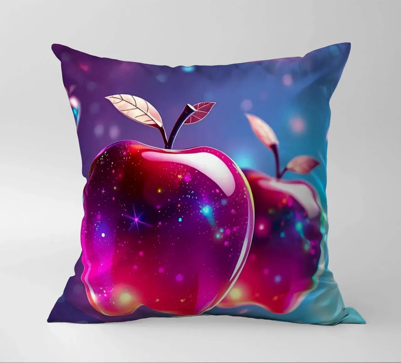 glossy apples with cosmic background and sparkling elements decorative cushion by DesignDoodle