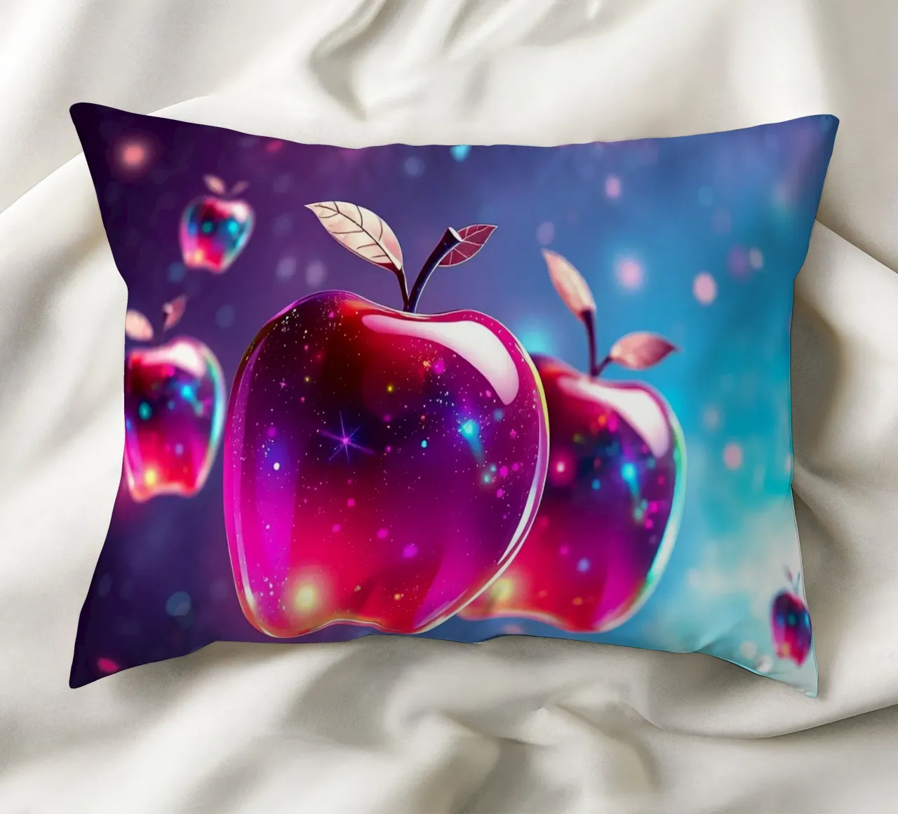 glossy apples with cosmic background and sparkling elements decorative cushion by DesignDoodle