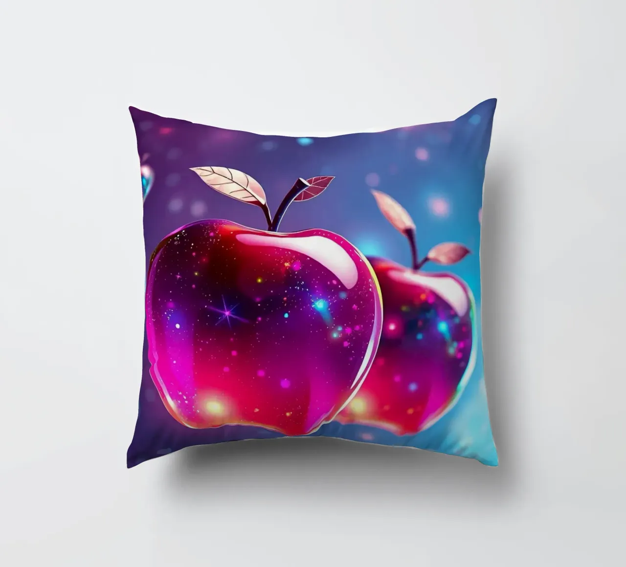 glossy apples with cosmic background and sparkling elements decorative cushion by DesignDoodle