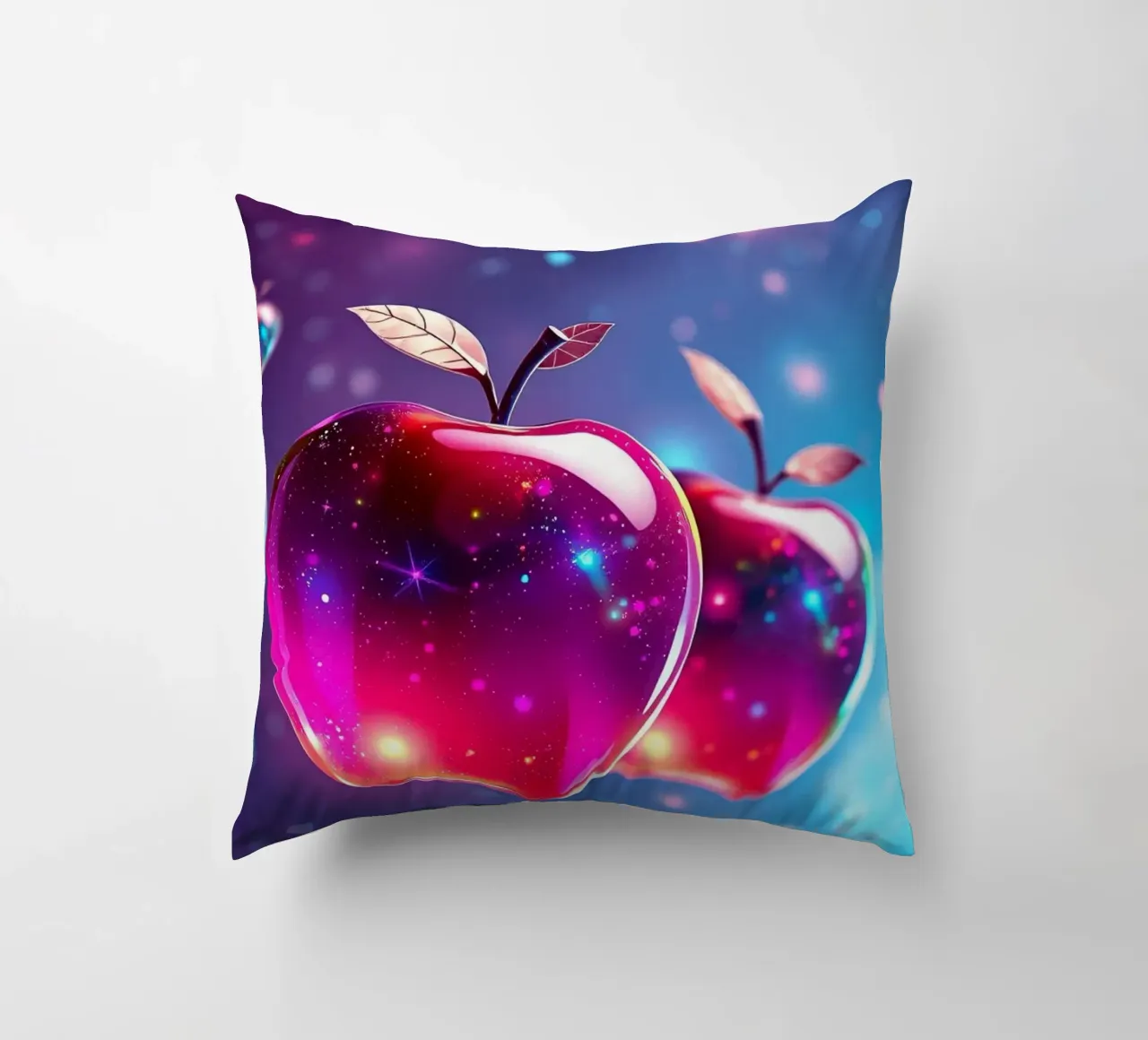 glossy apples with cosmic background and sparkling elements decorative cushion by DesignDoodle