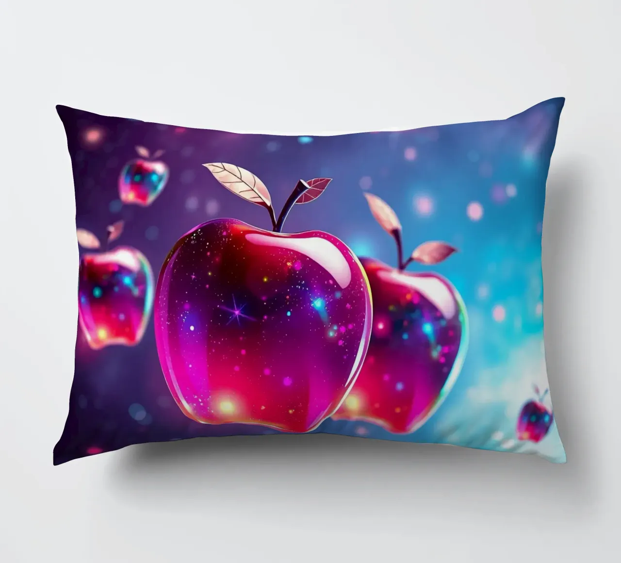 glossy apples with cosmic background and sparkling elements decorative cushion by DesignDoodle