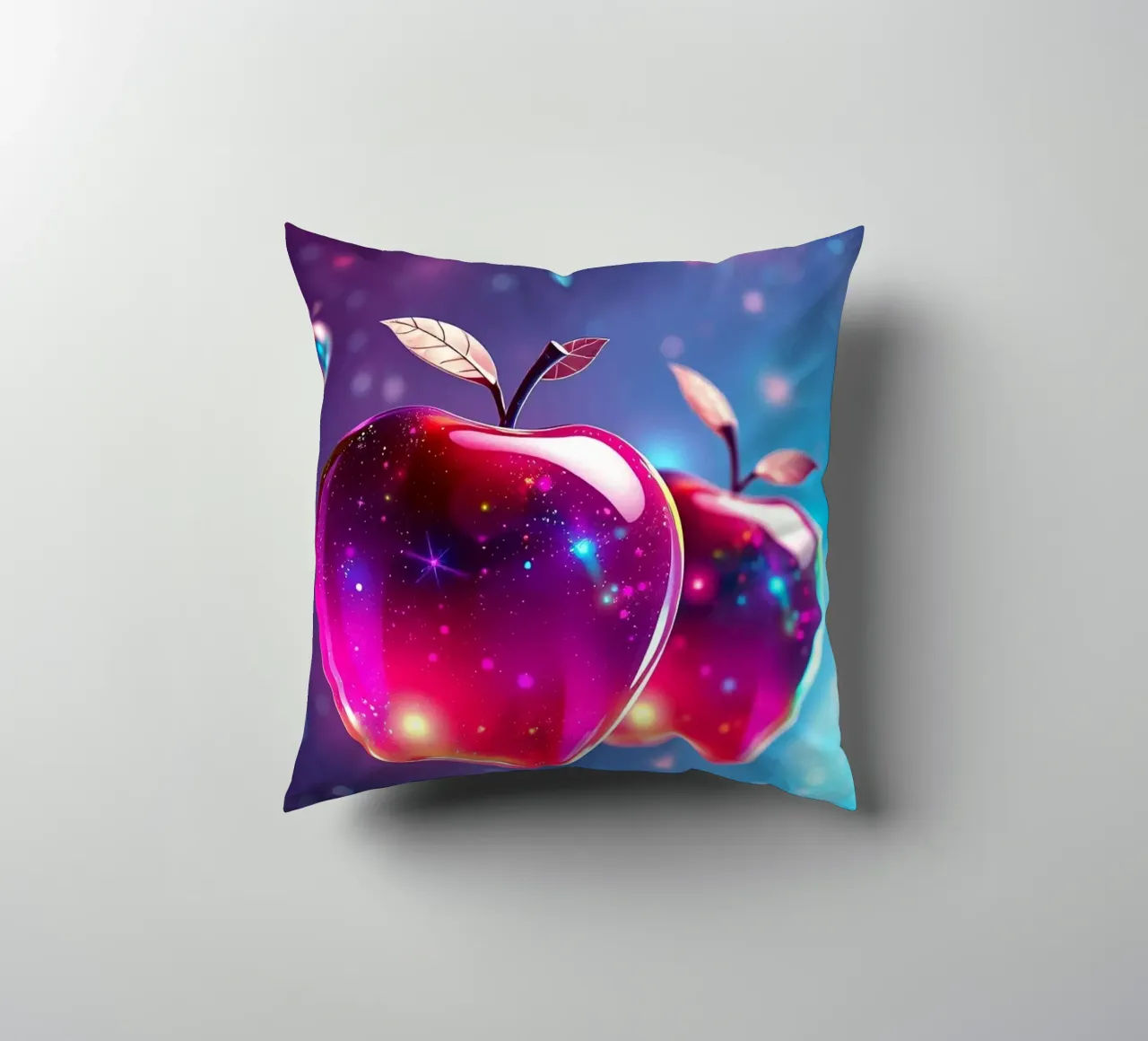 glossy apples with cosmic background and sparkling elements decorative cushion by DesignDoodle