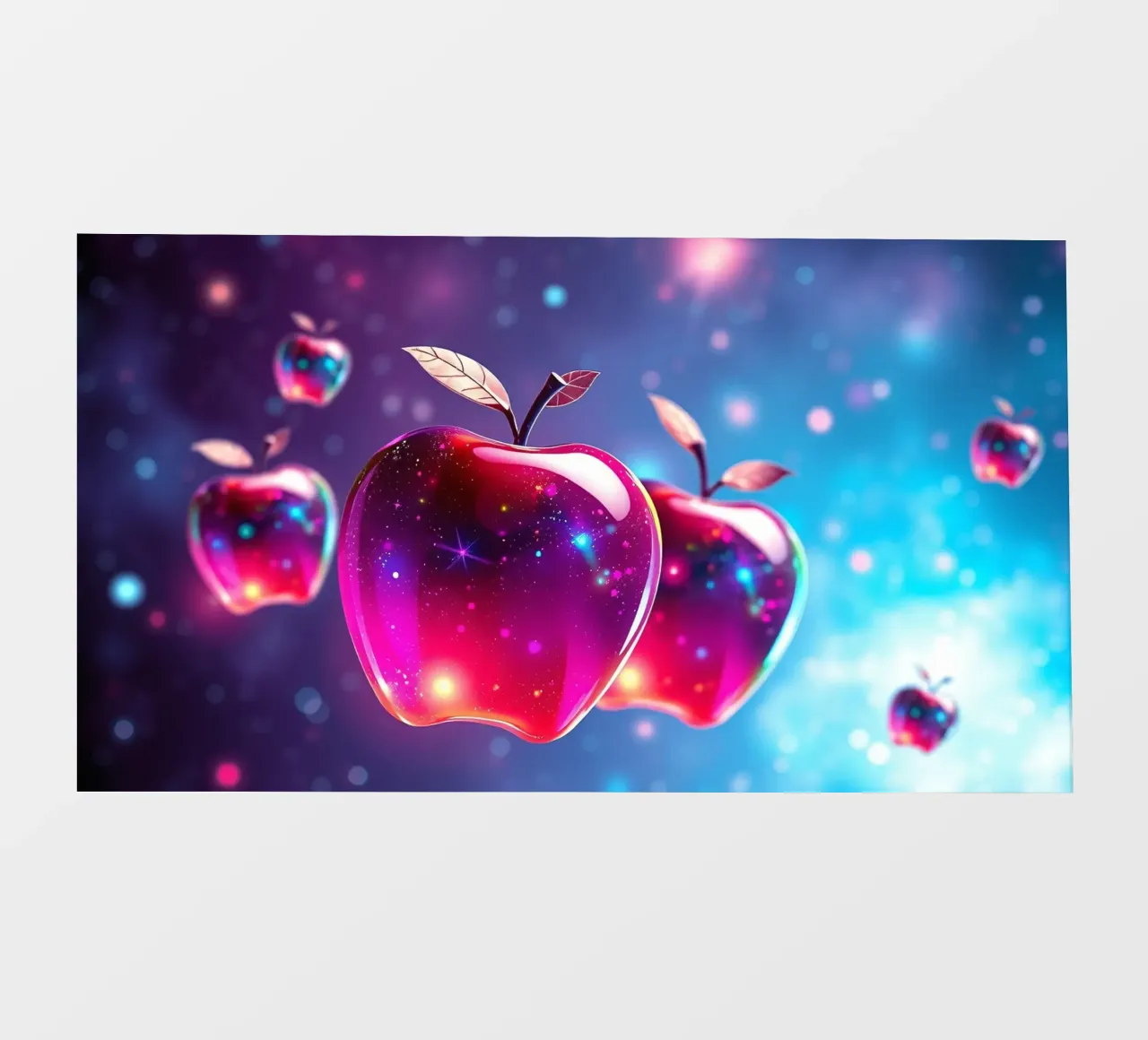 glossy apples with cosmic background and sparkling elements backlit film by DesignDoodle