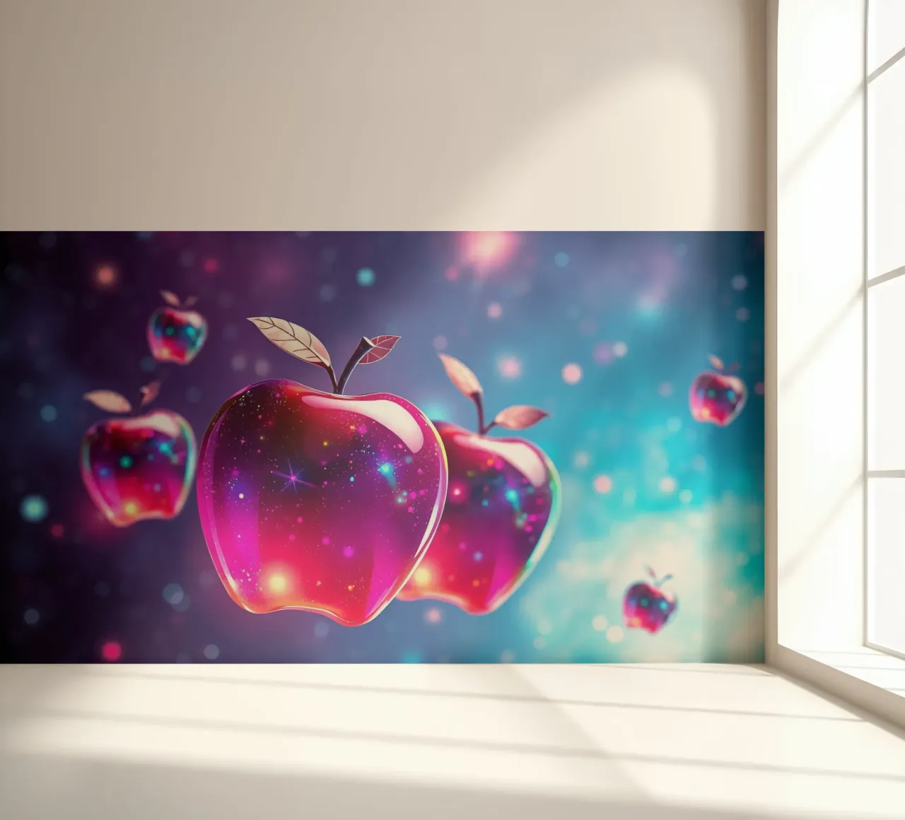 glossy apples with cosmic background and sparkling elements photo wallpaper by DesignDoodle