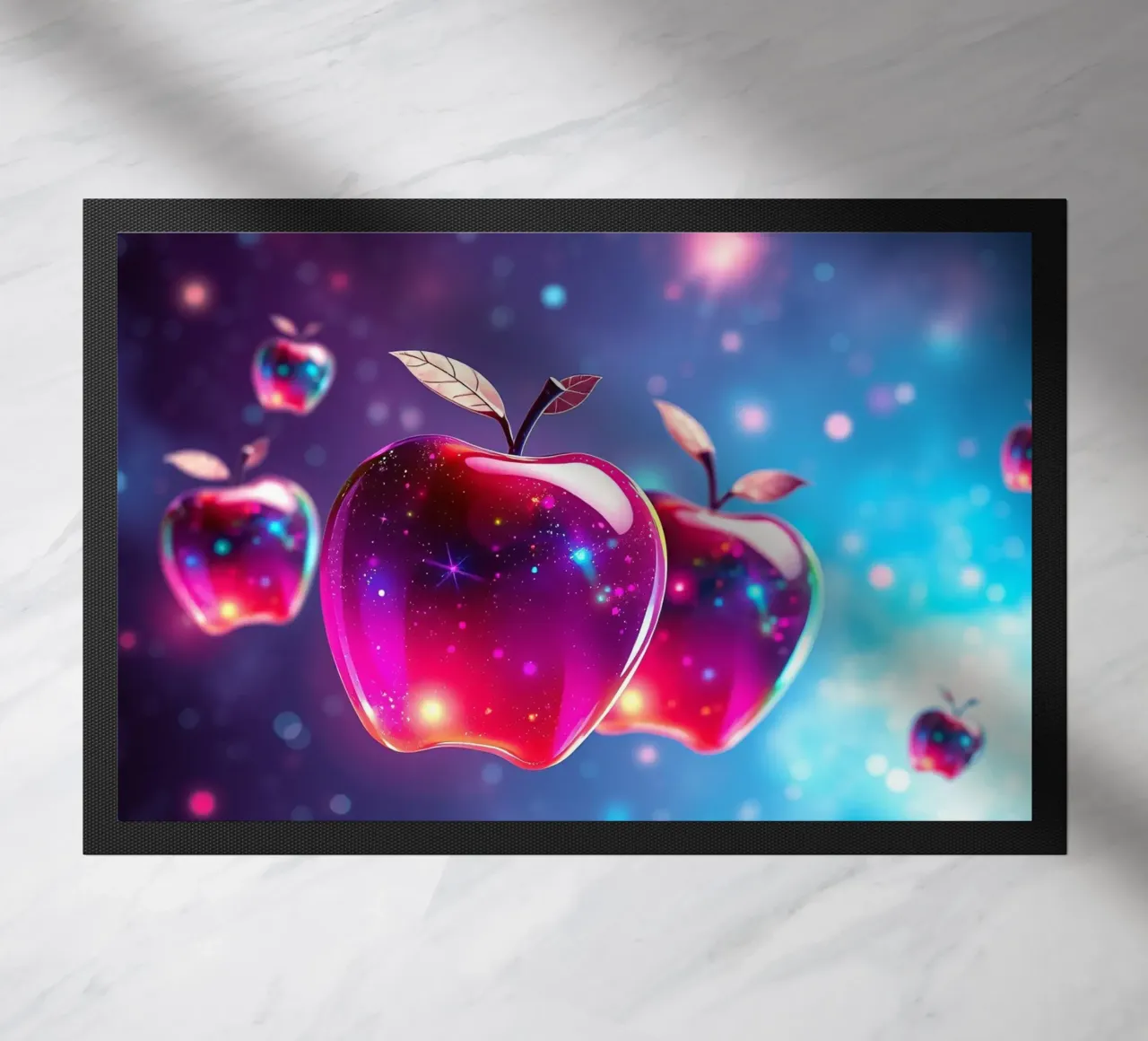 glossy apples with cosmic background and sparkling elements doormat by DesignDoodle