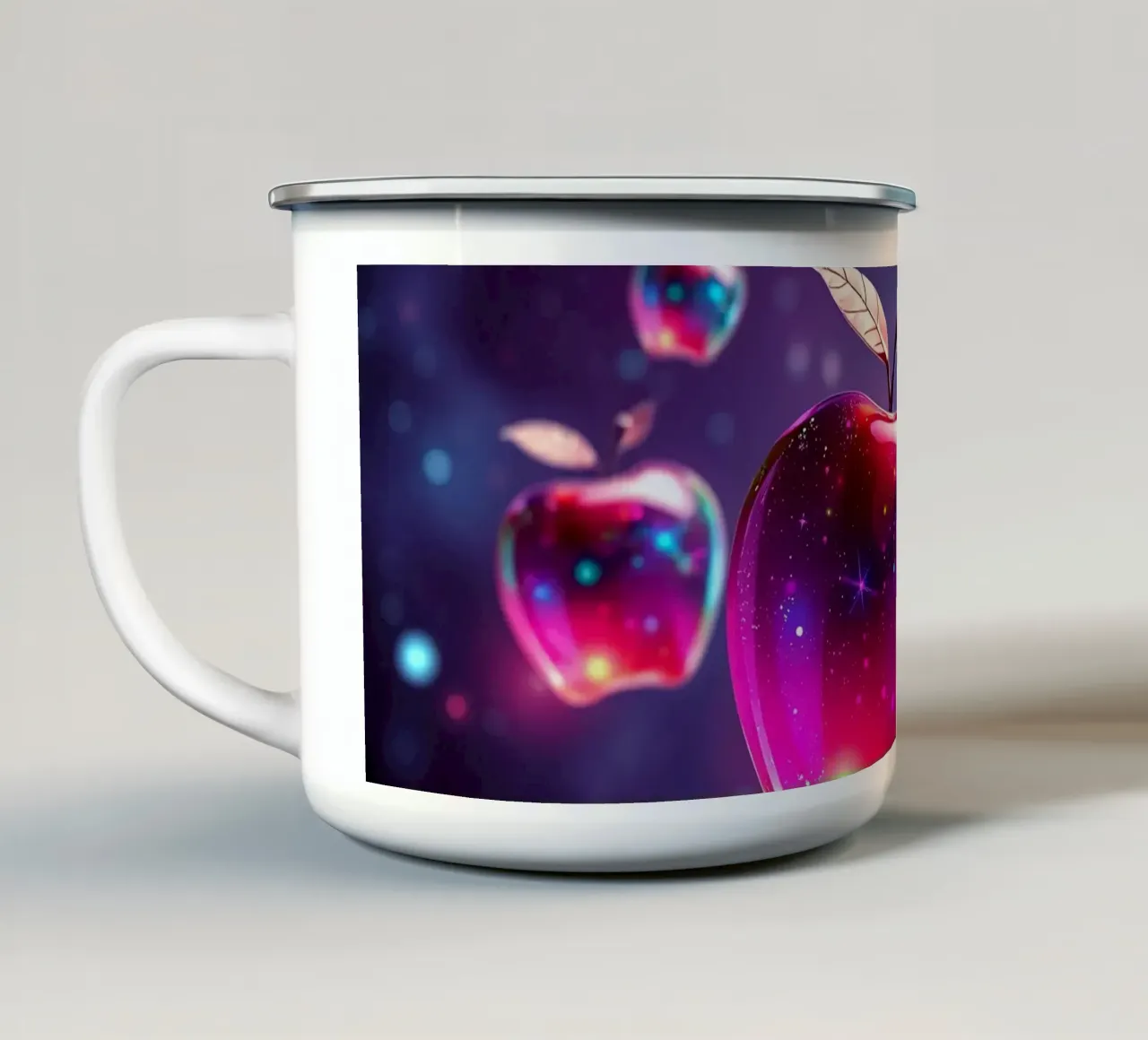 glossy apples with cosmic background and sparkling elements enamel mug by DesignDoodle