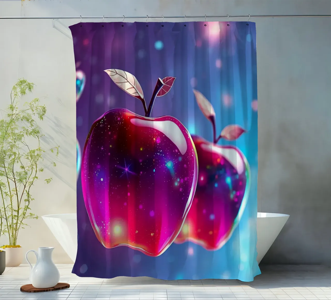 glossy apples with cosmic background and sparkling elements shower curtain by DesignDoodle