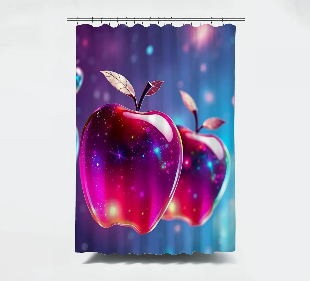glossy apples with cosmic background and sparkling elements shower curtain by DesignDoodle